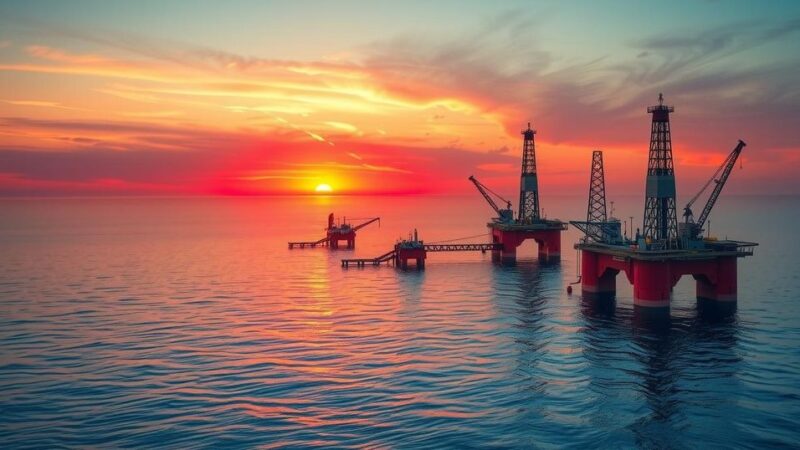 Oil rigs and production facilities on ocean waters under a vibrant sunset sky, representing energy industry transition.