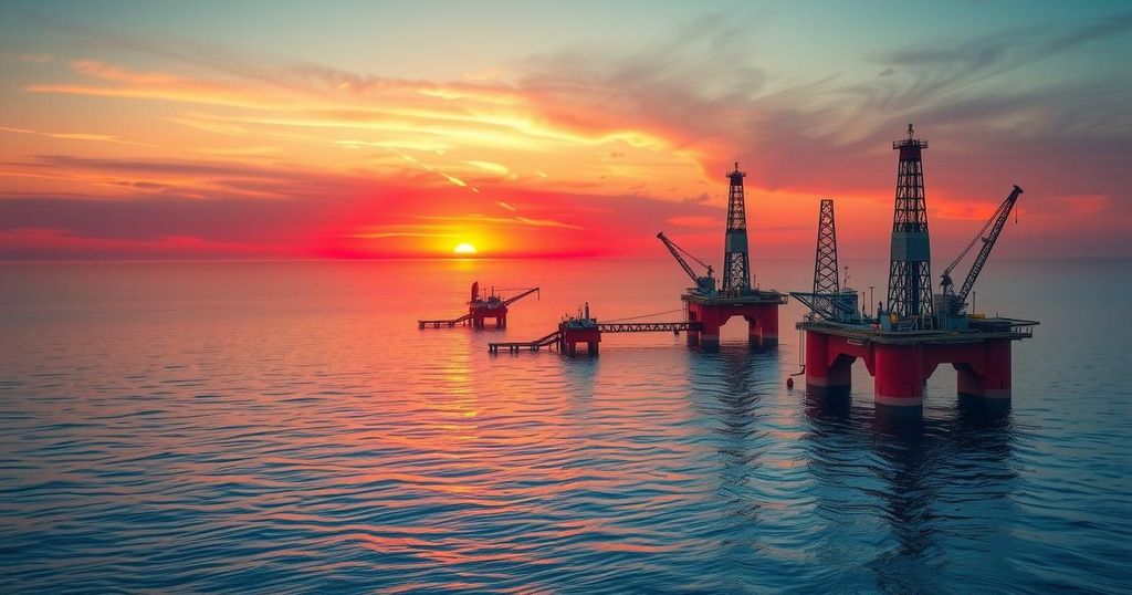Oil rigs and production facilities on ocean waters under a vibrant sunset sky, representing energy industry transition.
