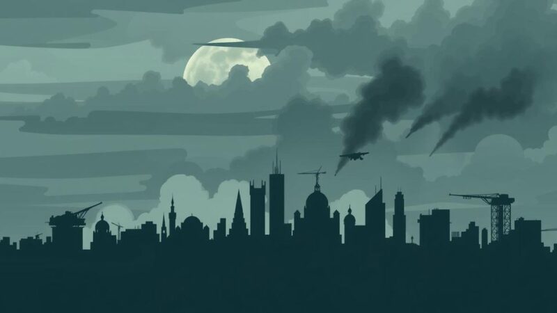 Illustration depicting a city skyline with military presence, in muted colors and expressionist style.