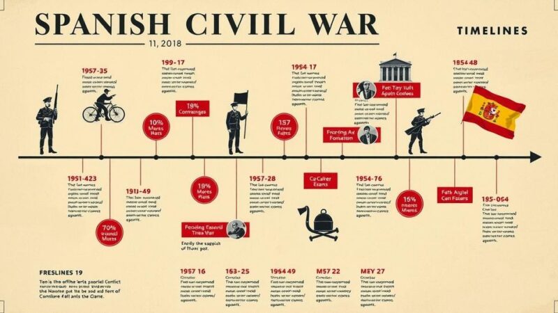 A historical timeline graphic outlining major events of the Spanish Civil War in vibrant colors.