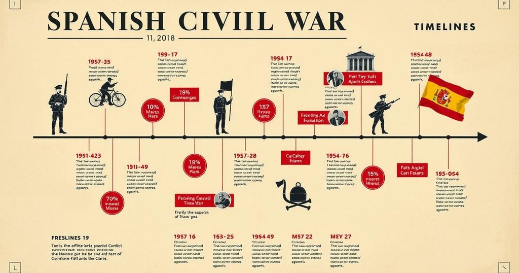 A historical timeline graphic outlining major events of the Spanish Civil War in vibrant colors.