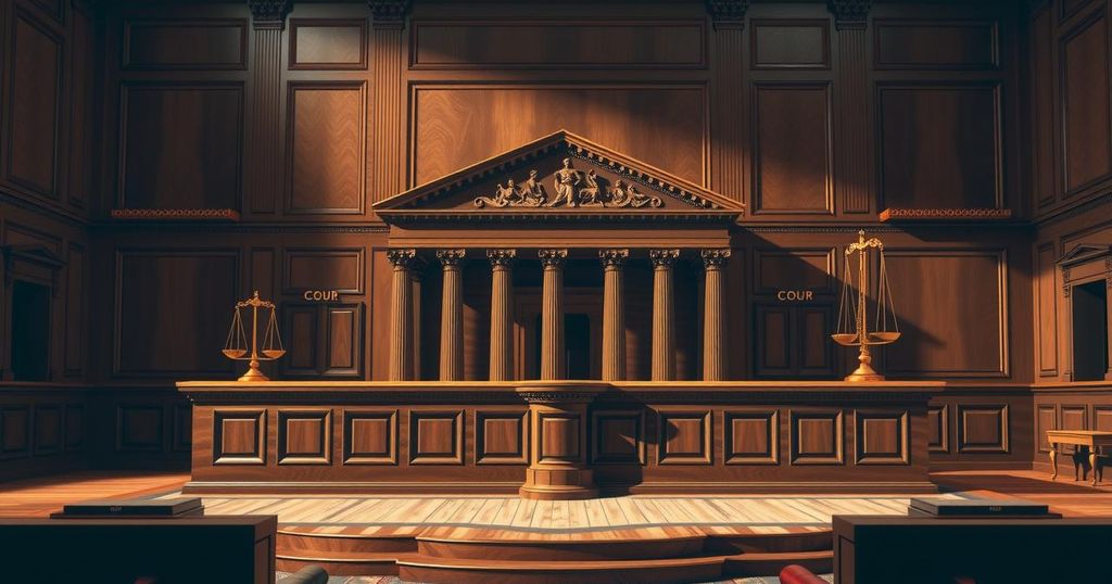 Brazil's Supreme Court deliberating on social media regulations with a courtroom setting and judicial symbols.