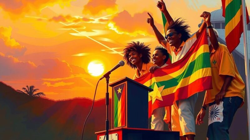 A political rally in Tobago symbolizing unity, featuring banners and a podium against a sunset backdrop.