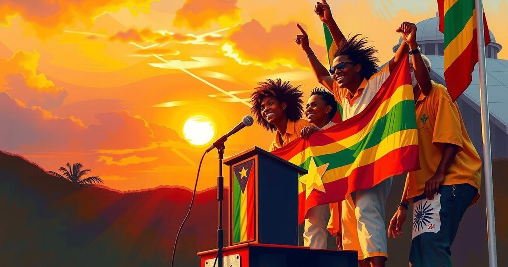 A political rally in Tobago symbolizing unity, featuring banners and a podium against a sunset backdrop.