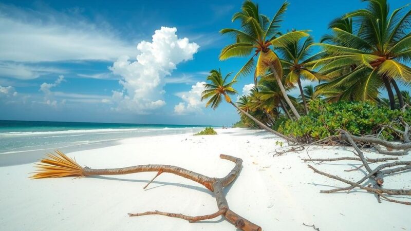 A serene beach scene with a tranquil ocean, clear blue skies, and scattered tropical debris after a storm in Mexico.