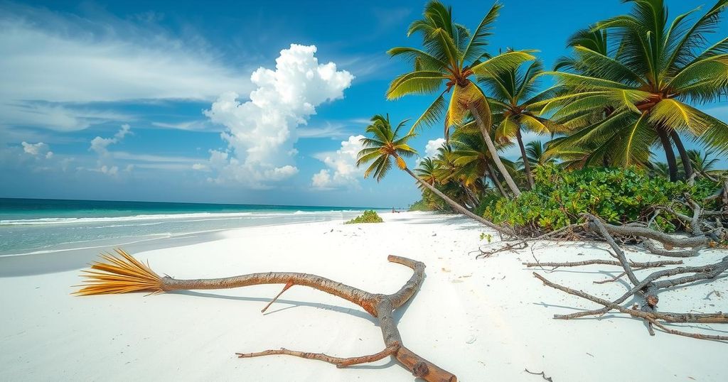 A serene beach scene with a tranquil ocean, clear blue skies, and scattered tropical debris after a storm in Mexico.