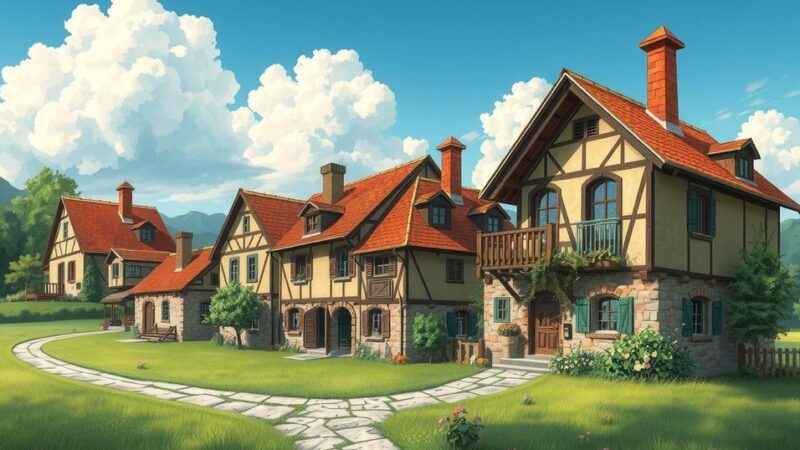A vibrant landscape depicting traditional houses under a bright sky, infused with warm earthy tones.