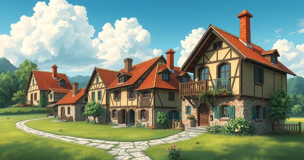 A vibrant landscape depicting traditional houses under a bright sky, infused with warm earthy tones.