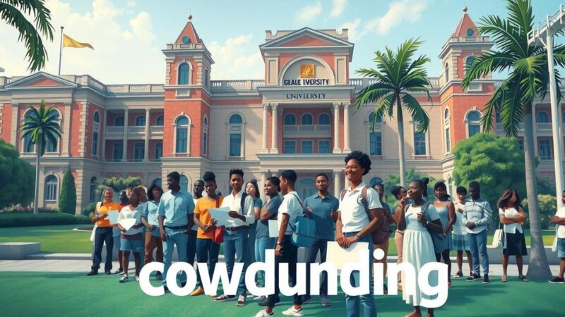 Ghanaian students crowdfunding for tuition fees in UK, surrounded by university buildings and supportive symbols.