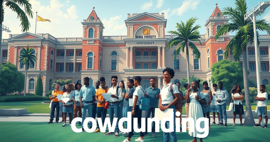 Ghanaian students crowdfunding for tuition fees in UK, surrounded by university buildings and supportive symbols.