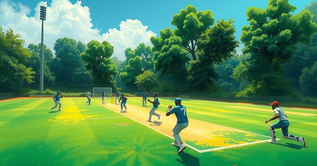 Zimbabwe cricket team in action on the field during a warm-up match, featuring lush greenery and stadium.