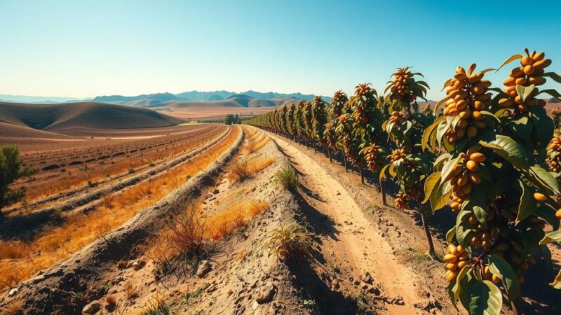 Dried coffee plants in arid landscapes under a sunny sky, highlighting impacts of weather on coffee prices.