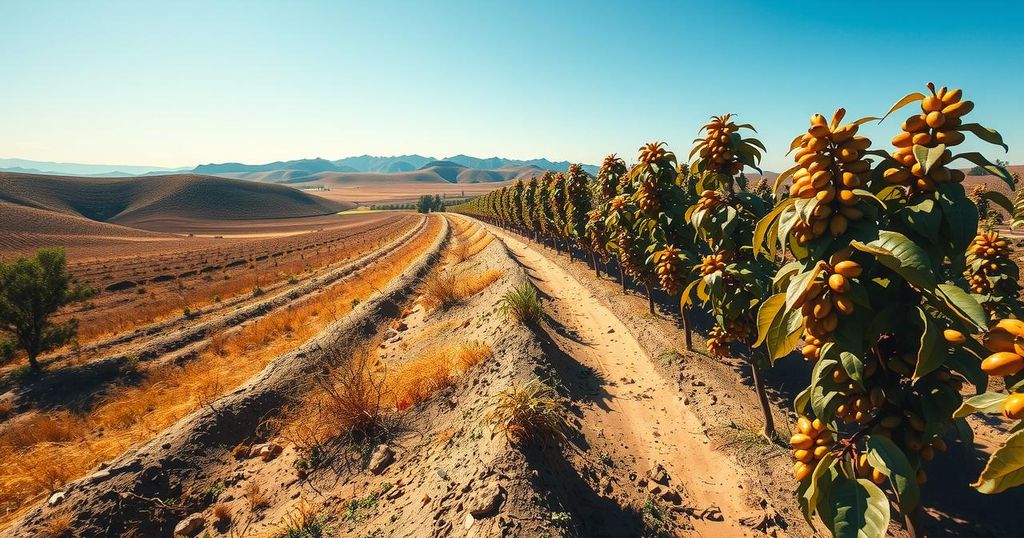 Dried coffee plants in arid landscapes under a sunny sky, highlighting impacts of weather on coffee prices.