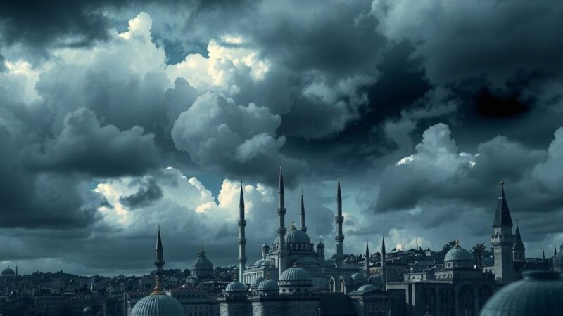 Dramatic skyline of Istanbul with stormy clouds, symbolizing tensions in geopolitics, featuring dark grays, deep blues.