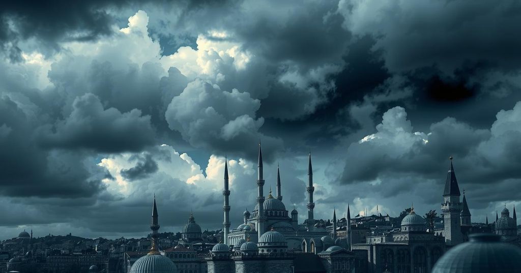 Dramatic skyline of Istanbul with stormy clouds, symbolizing tensions in geopolitics, featuring dark grays, deep blues.