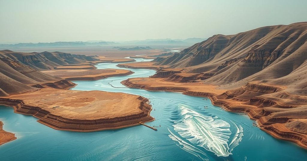A dramatic landscape showing flowing waters and a vast, dry land, representing water scarcity and tension between nations.