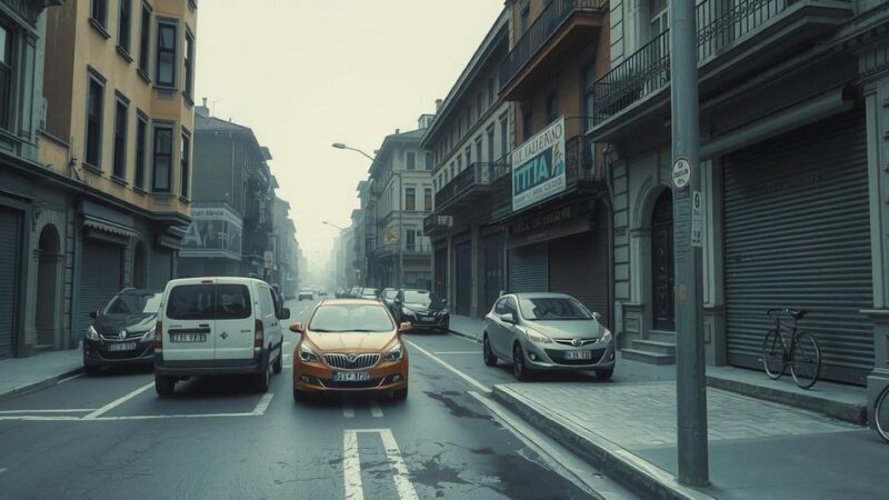 A scene of abandoned urban streets in a war-torn city with shuttered shops and empty cars reflecting a chaotic atmosphere.