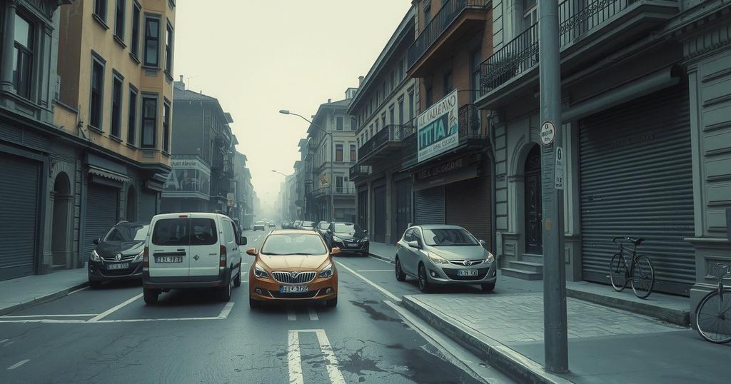 A scene of abandoned urban streets in a war-torn city with shuttered shops and empty cars reflecting a chaotic atmosphere.