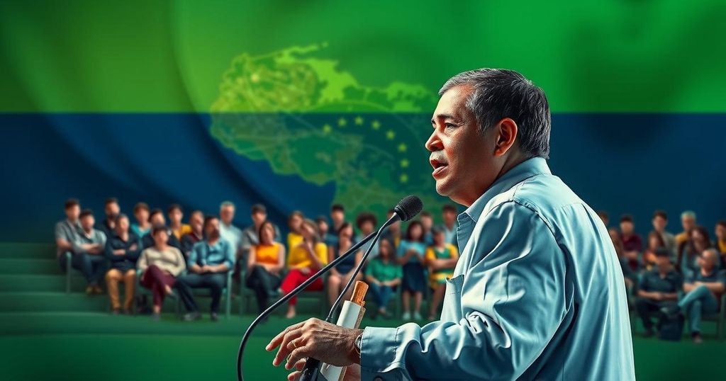A political figure addressing a crowd with a map of Venezuela in the background, showcasing national pride.