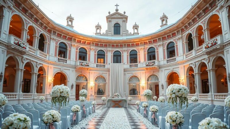 A picturesque view of a Venice wedding venue, showcasing a grand amphitheater with elegant floral decorations.