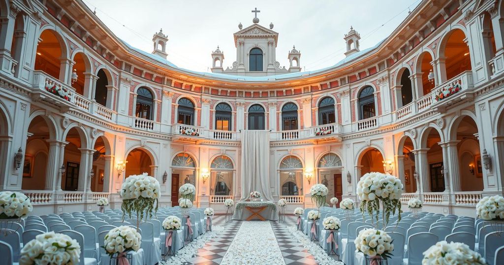 A picturesque view of a Venice wedding venue, showcasing a grand amphitheater with elegant floral decorations.