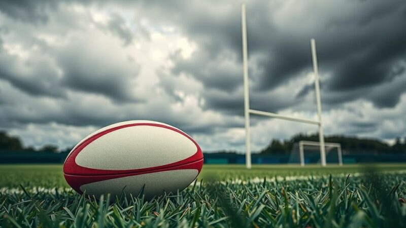 A rugby ball on a pitch with goalposts under dramatic cloudy skies, symbolizing resilience and teamwork.