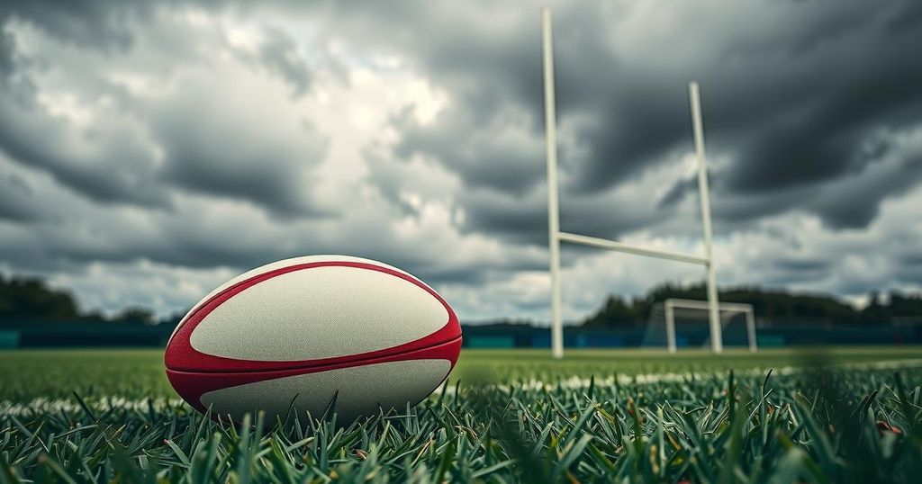 A rugby ball on a pitch with goalposts under dramatic cloudy skies, symbolizing resilience and teamwork.