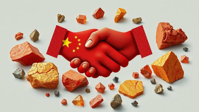 Symbolic representation of US-China trade agreement with a handshake and rare earth elements.