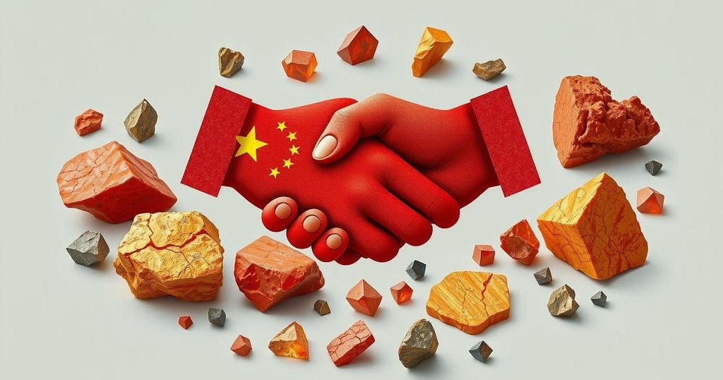 Symbolic representation of US-China trade agreement with a handshake and rare earth elements.