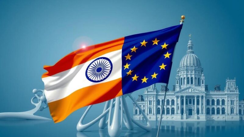 The flags of India and the EU intertwined against a backdrop of Brussels landmarks, symbolizing partnership.