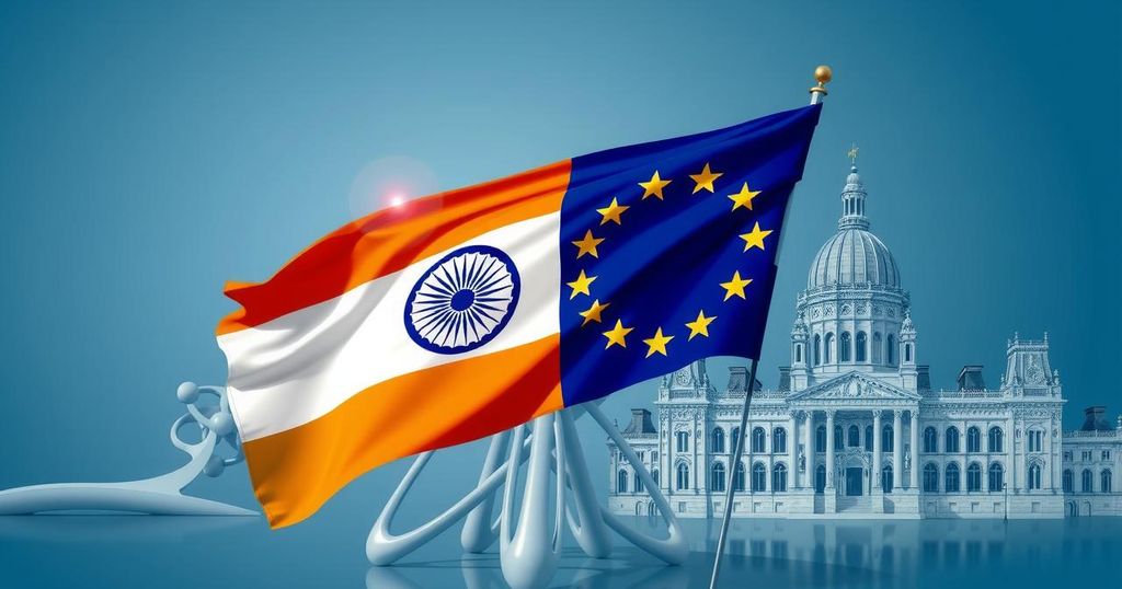 The flags of India and the EU intertwined against a backdrop of Brussels landmarks, symbolizing partnership.