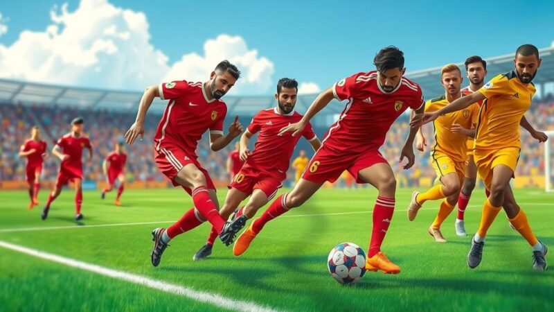 Illustration of a football match between two teams on a vibrant green pitch under a bright sky.