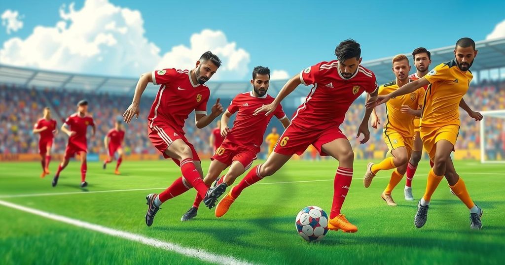 Illustration of a football match between two teams on a vibrant green pitch under a bright sky.