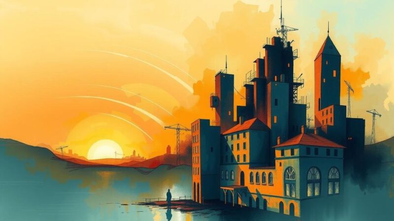 An abstract representation of hope and resilience, showcasing a horizon with a sunrise over a damaged cityscape.