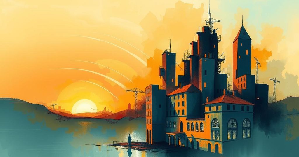 An abstract representation of hope and resilience, showcasing a horizon with a sunrise over a damaged cityscape.