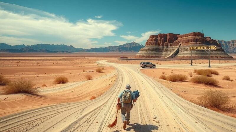 Scene depicting a barren desert landscape with a distant border crossing, evoking themes of protest and separation.