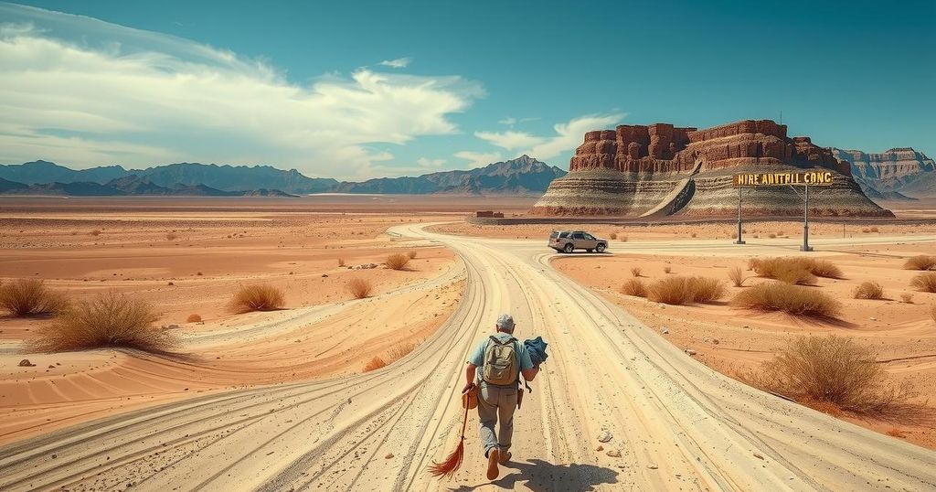 Scene depicting a barren desert landscape with a distant border crossing, evoking themes of protest and separation.
