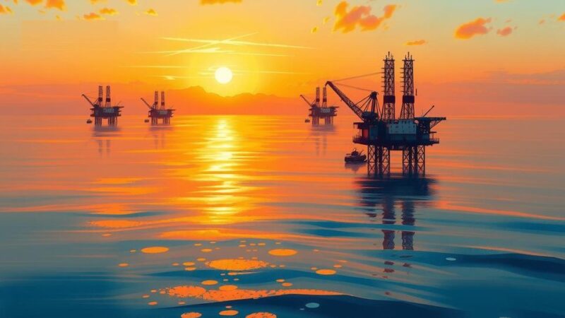 A vibrant oil exploration scene showcasing offshore rigs in a coastal landscape under a golden sunset.