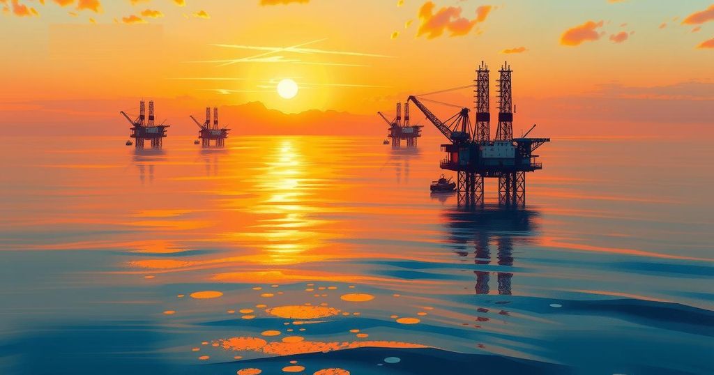 A vibrant oil exploration scene showcasing offshore rigs in a coastal landscape under a golden sunset.