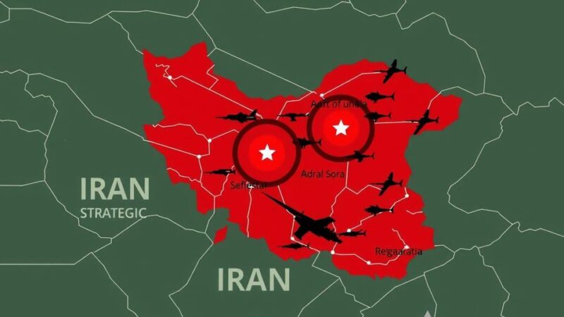 A conceptual military map showing Iran targeting points with abstract military symbols and color-coded regions.