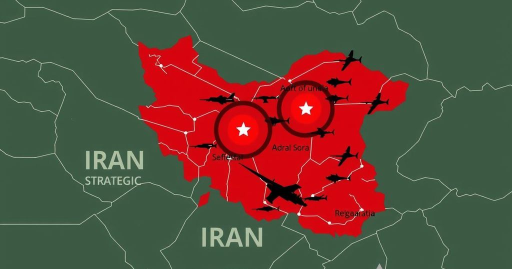 A conceptual military map showing Iran targeting points with abstract military symbols and color-coded regions.