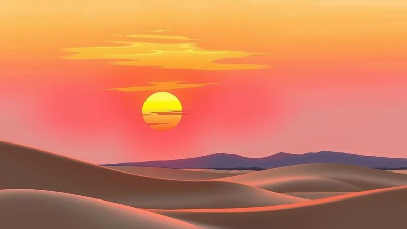 Peaceful sunset over Middle Eastern landscapes symbolizing hope and diplomacy.