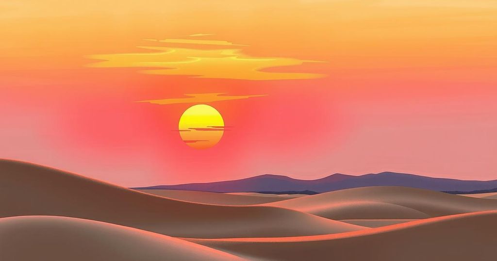 Peaceful sunset over Middle Eastern landscapes symbolizing hope and diplomacy.