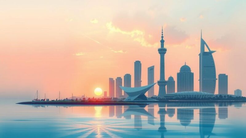 A peaceful landscape depicting Kuwait's skyline with a calm atmosphere, representing diplomacy and regional stability.