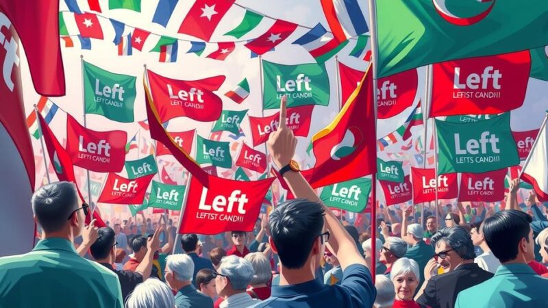 A political rally scene with vibrant flags, banners, and a crowd expressing their support for a leftist candidate.