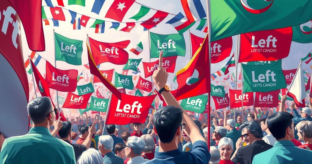 A political rally scene with vibrant flags, banners, and a crowd expressing their support for a leftist candidate.