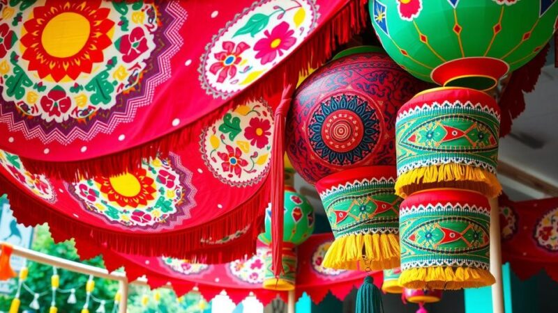 Colorful festival scene with traditional decorations and motifs reflecting Bolivian culture.