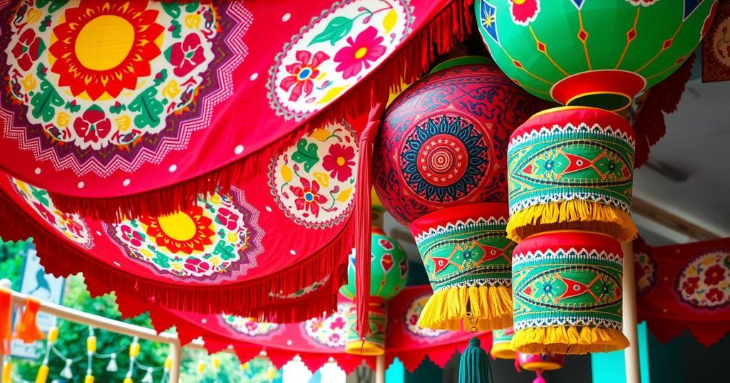 Colorful festival scene with traditional decorations and motifs reflecting Bolivian culture.
