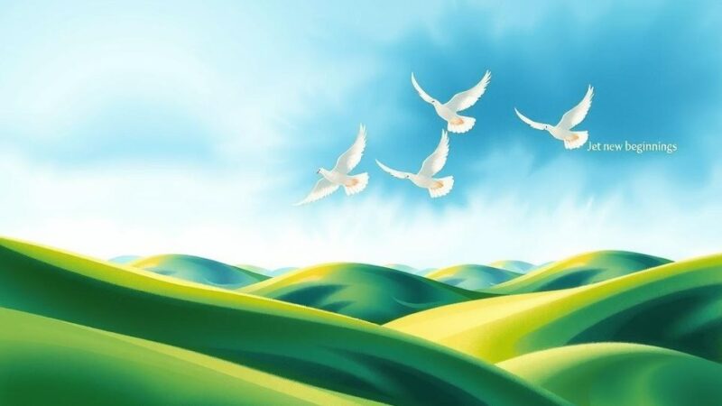 A symbolic image of peace with doves overlaid on a serene landscape, symbolizing hope and unity after conflict.