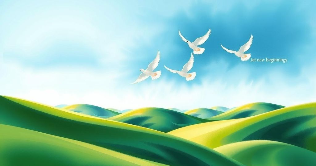 A symbolic image of peace with doves overlaid on a serene landscape, symbolizing hope and unity after conflict.